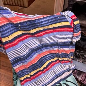 Rafaella Multistripe Beaded Knit Top in Blue, Red, Yellow